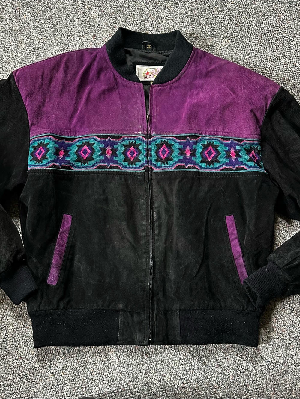 Vintage Adler Womens Black & Purple Suede Bomber Jacket with Aztec Trim